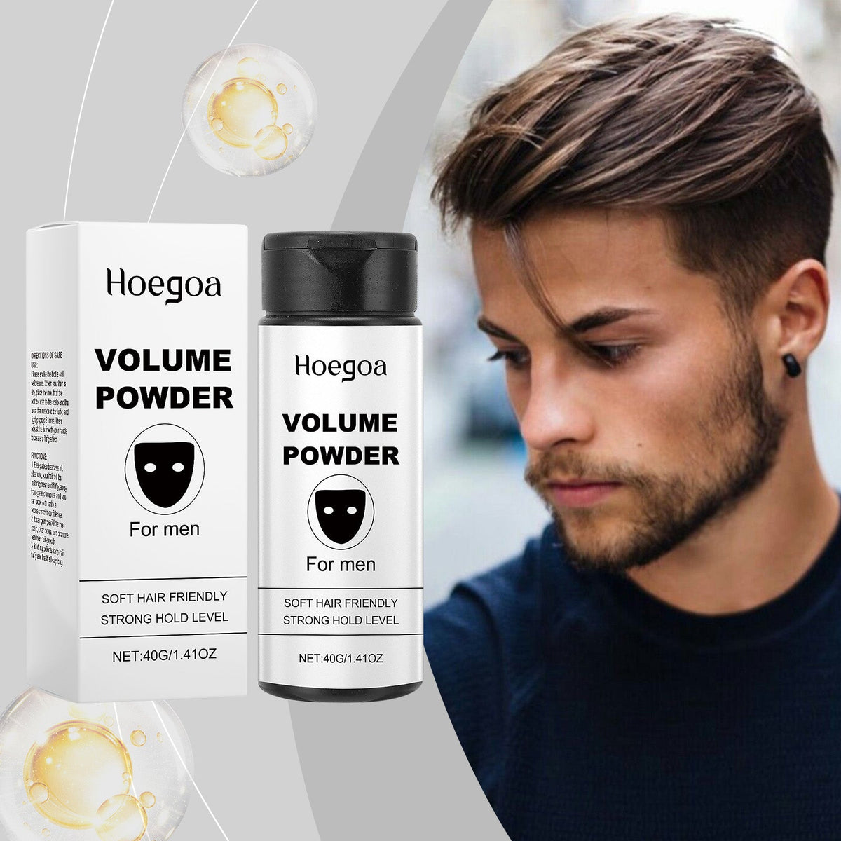 Volumizing styling powder bottle with black cap and white Volume Powder box, Hoegoa