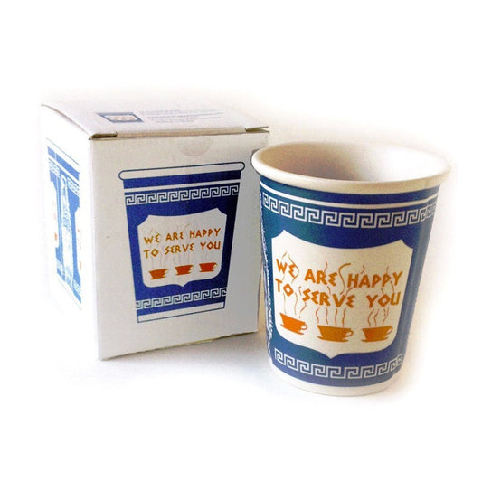 Blue ceramic coffee mug with decorative Greek border and “We are happy to serve you” text