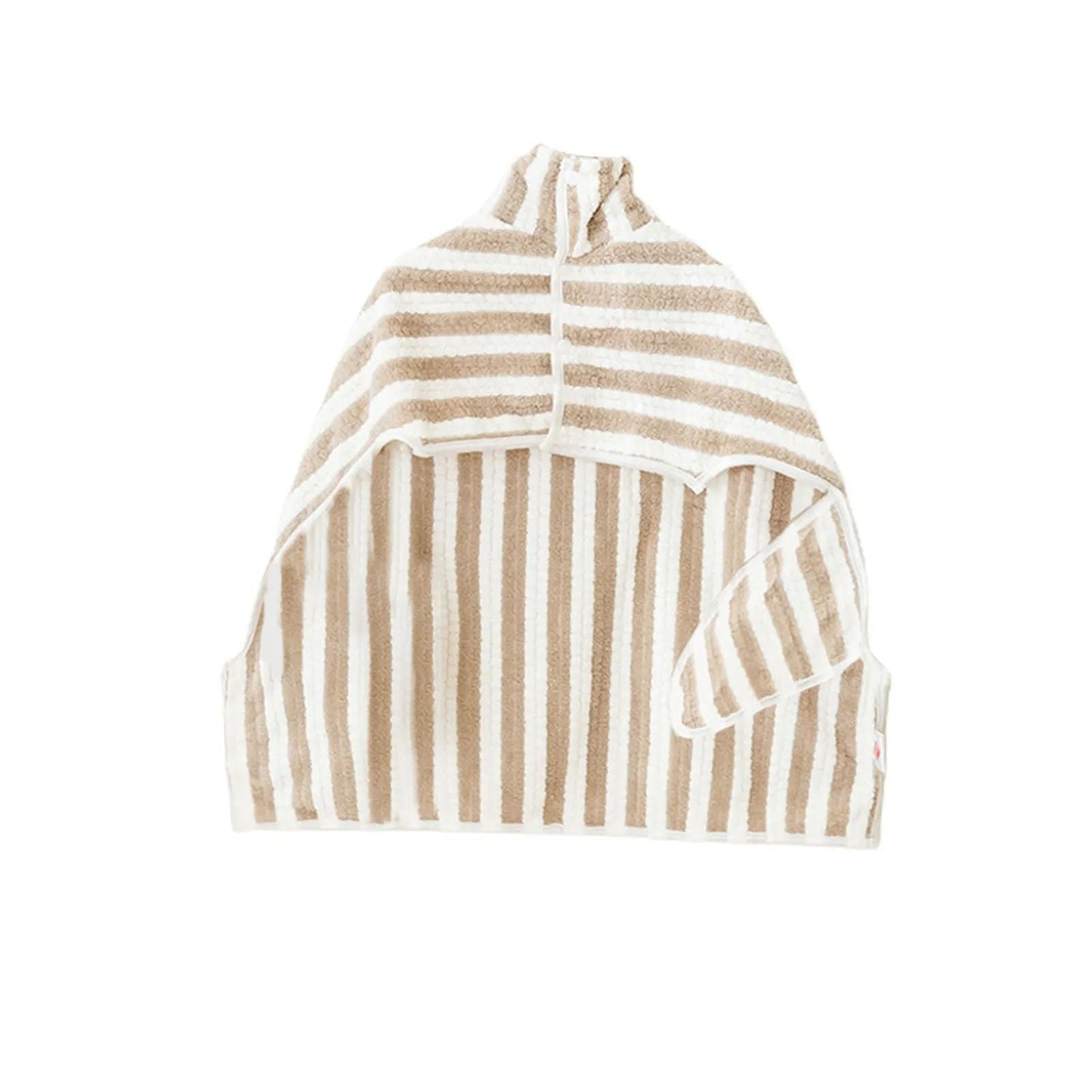 Beige-and-white striped pet bath towel robe with hood and front openings