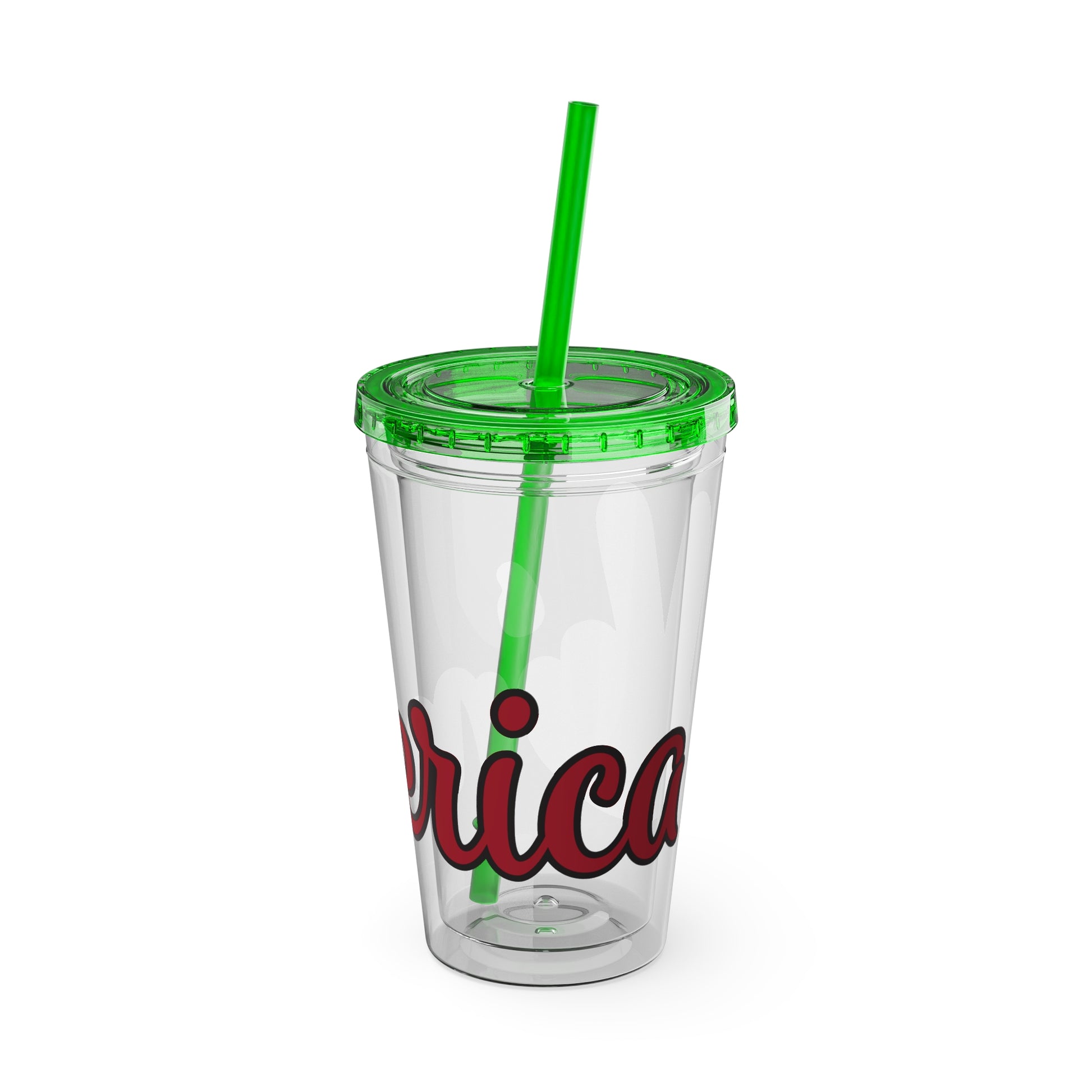 16oz clear tumbler, green lid and straw, red decal reading 'rica'