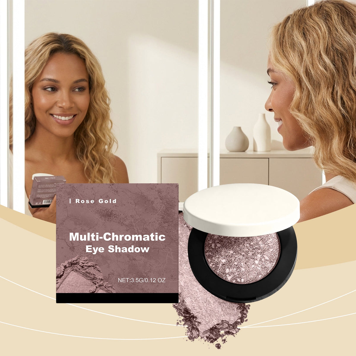 Rose gold multi-chromatic 3D eye shadow compact with glittery pan and white lid