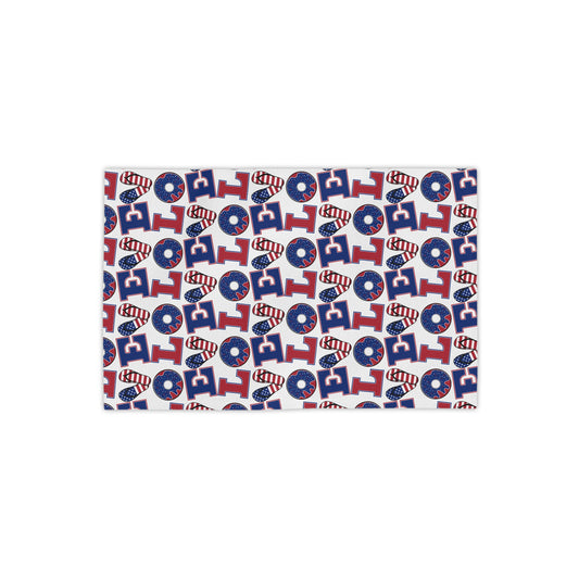 Patriotic beach towel with repeating LOLO letters, stars, and heart motifs