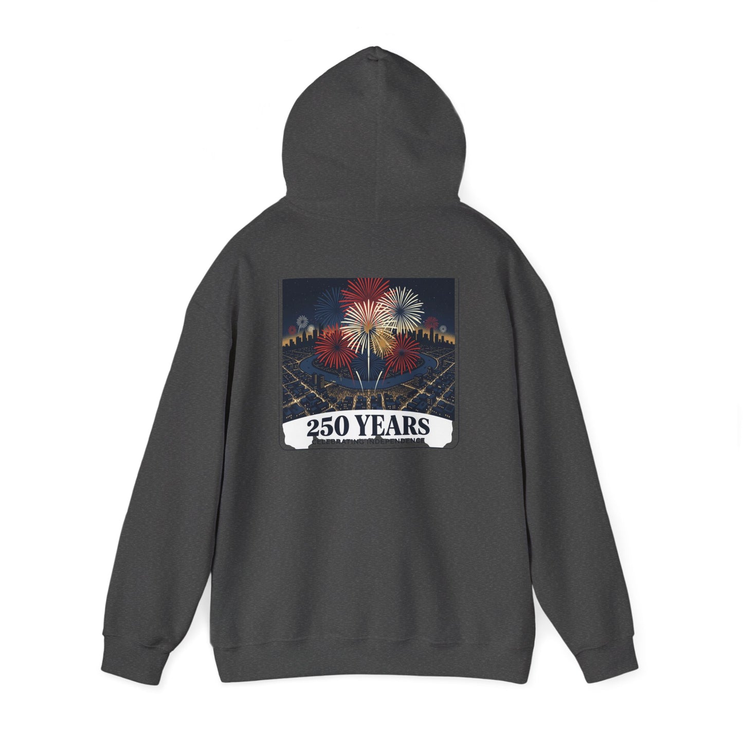 Dark gray graphic hoodie, hooded back view with “250 years” fireworks print