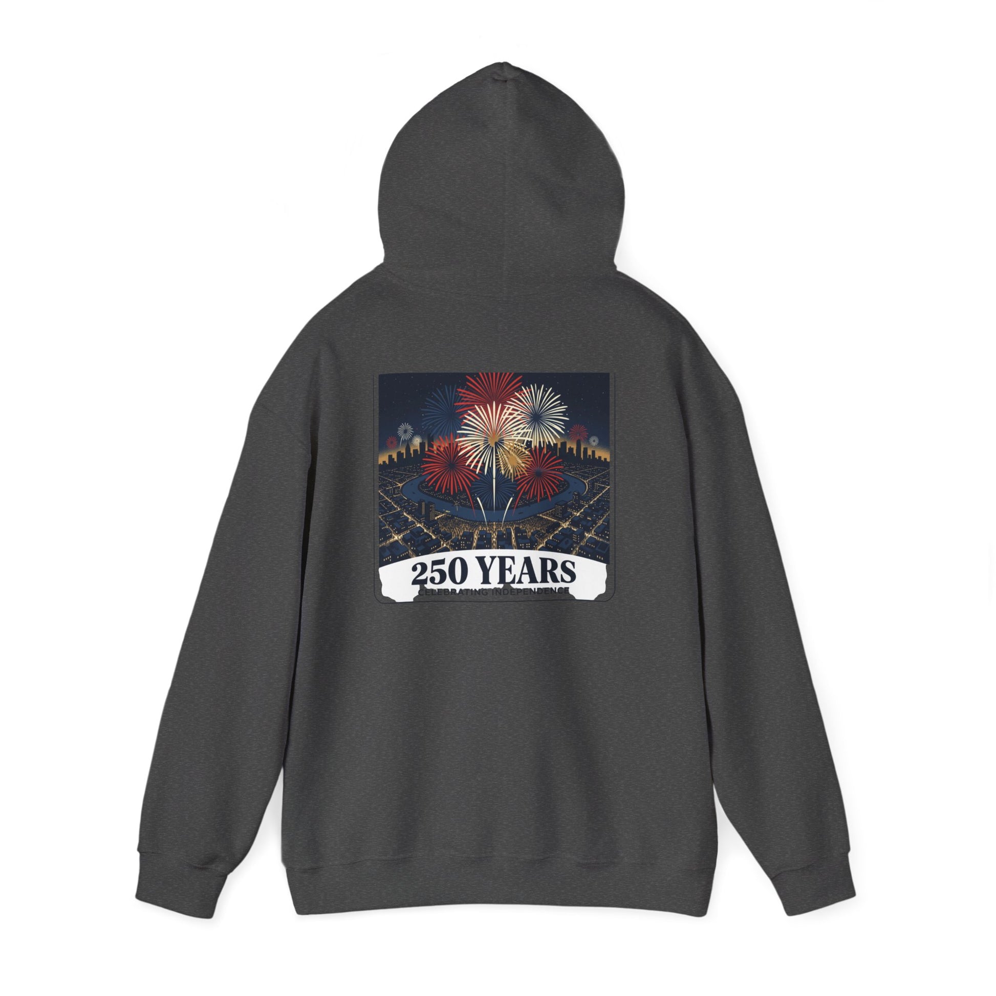 Dark gray graphic hoodie, hooded back view with “250 years” fireworks print
