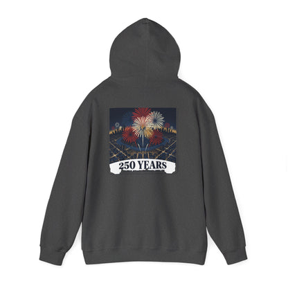 Dark gray graphic hoodie, hooded back view with “250 years” fireworks print