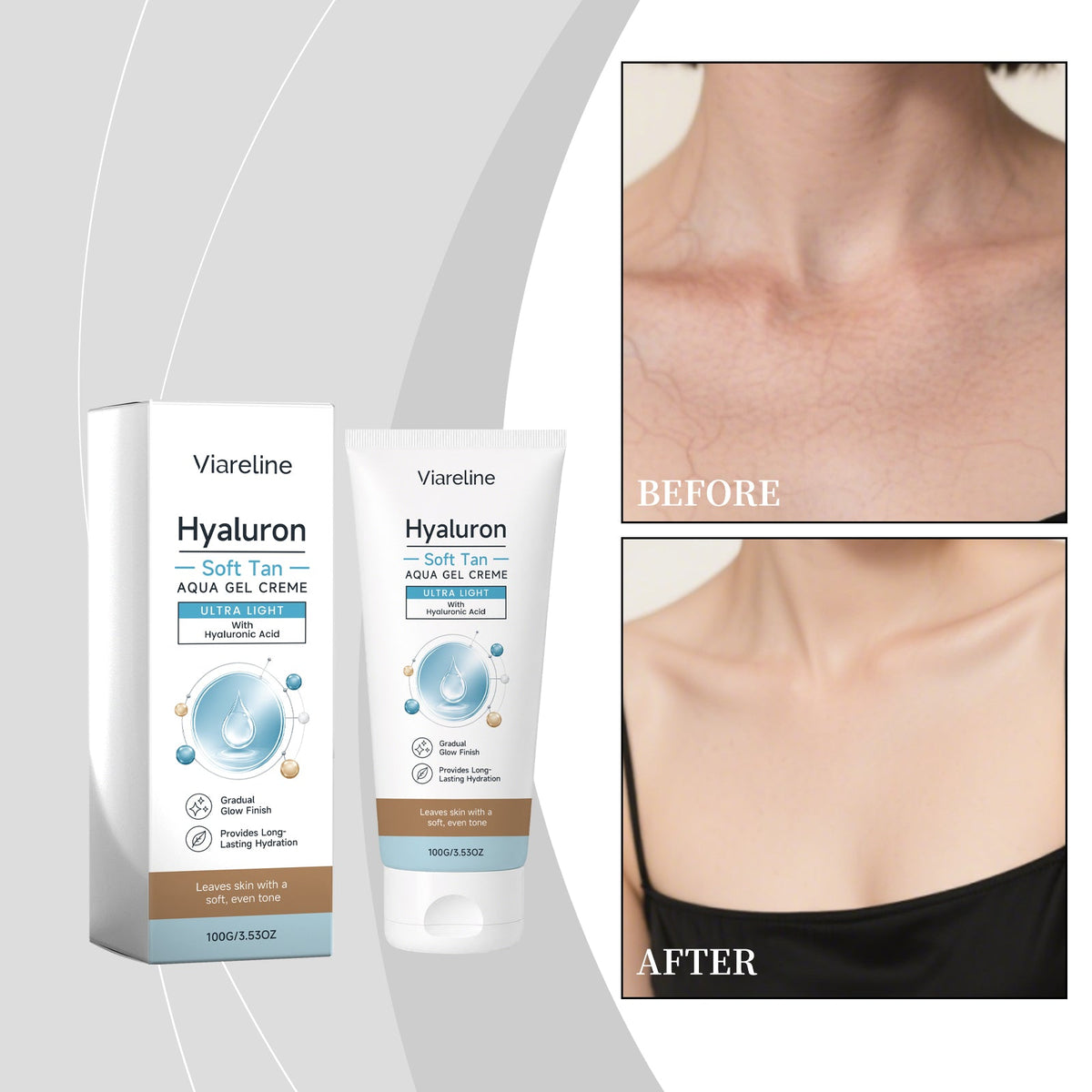 Self-tan aqua gel cream box and tube with before-and-after skin panels.