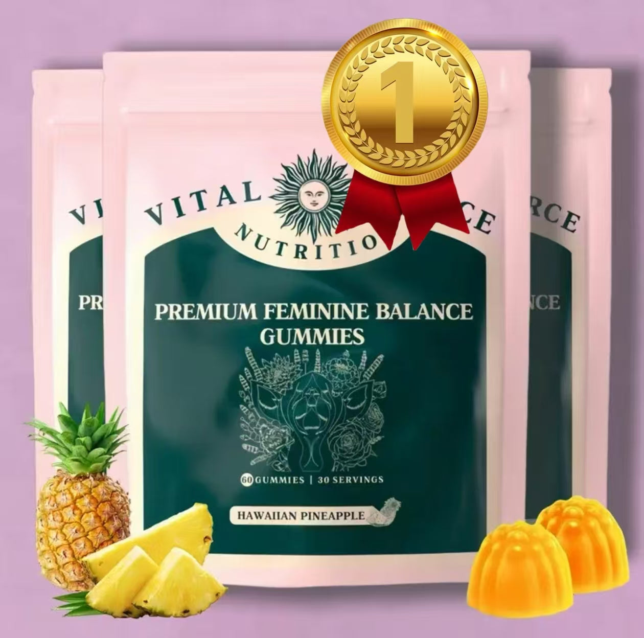 Premium Feminine Balance Gummies pouch with gold 1 badge, Hawaiian pineapple flavor
