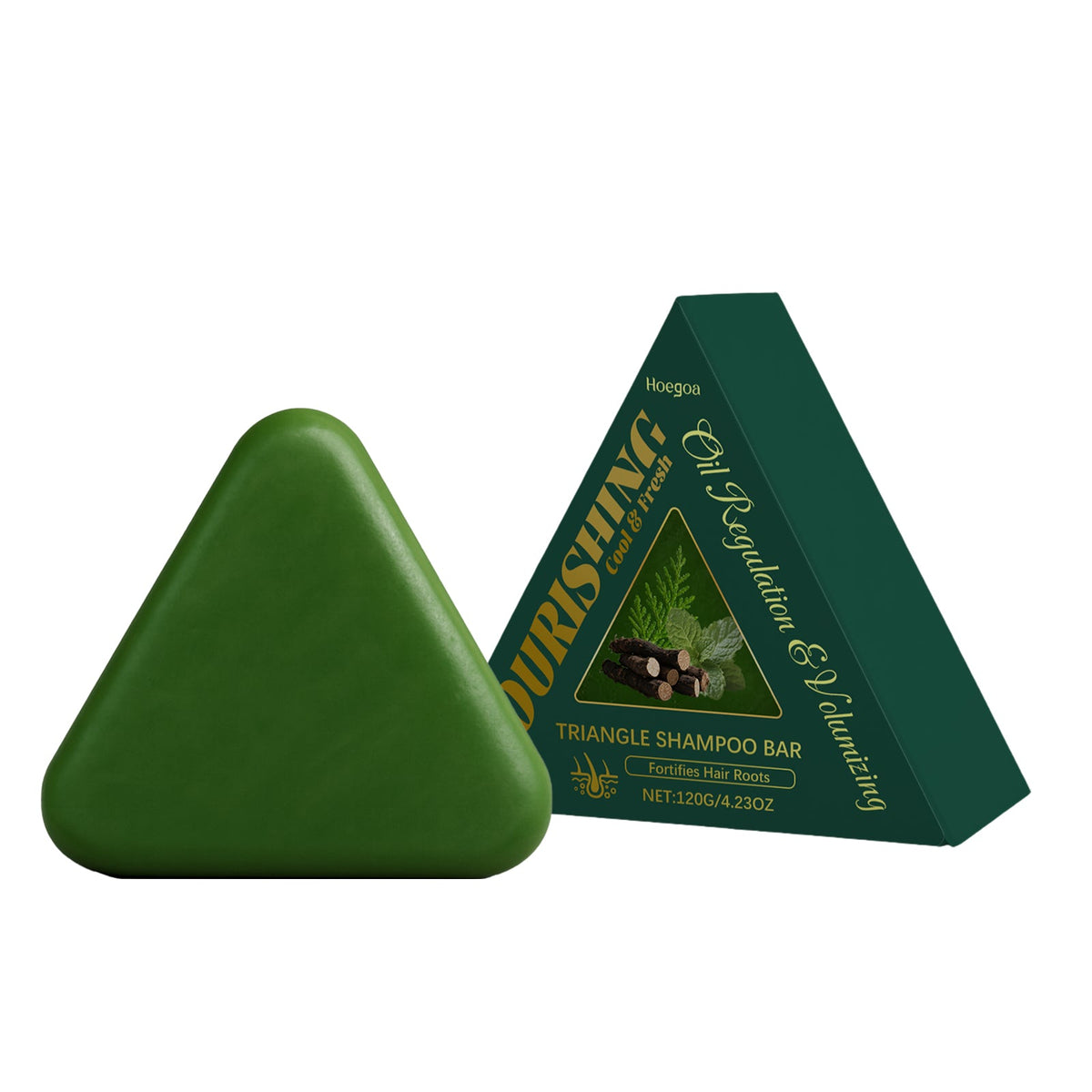 Green triangle shampoo bar with herbal label, shown from two angles