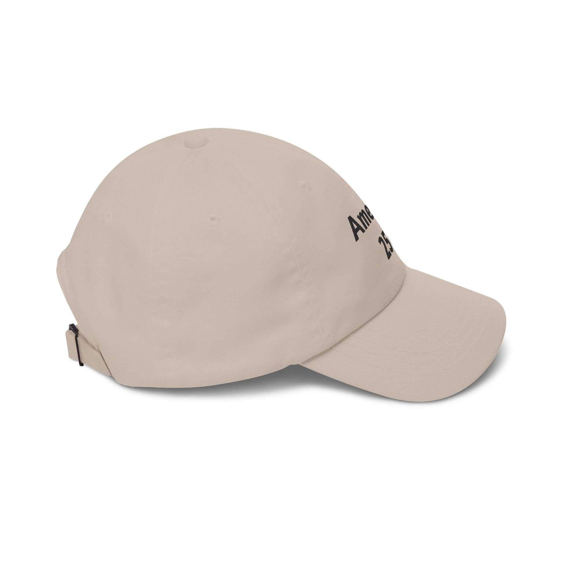 Khaki dad cap, angled view with embroidered side lettering and curved brim