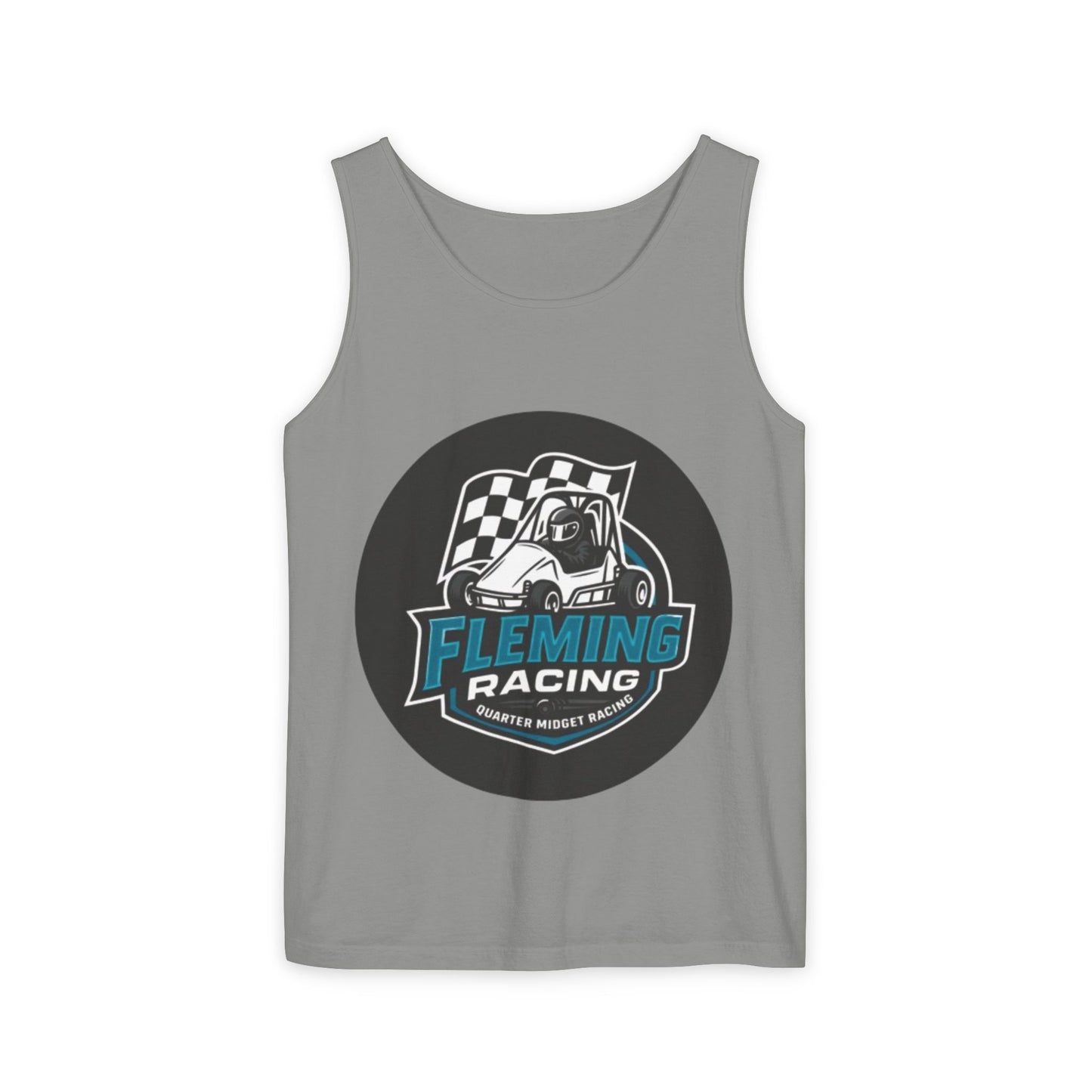 Gray racing tank top with circular Fleming Racing graphic on front