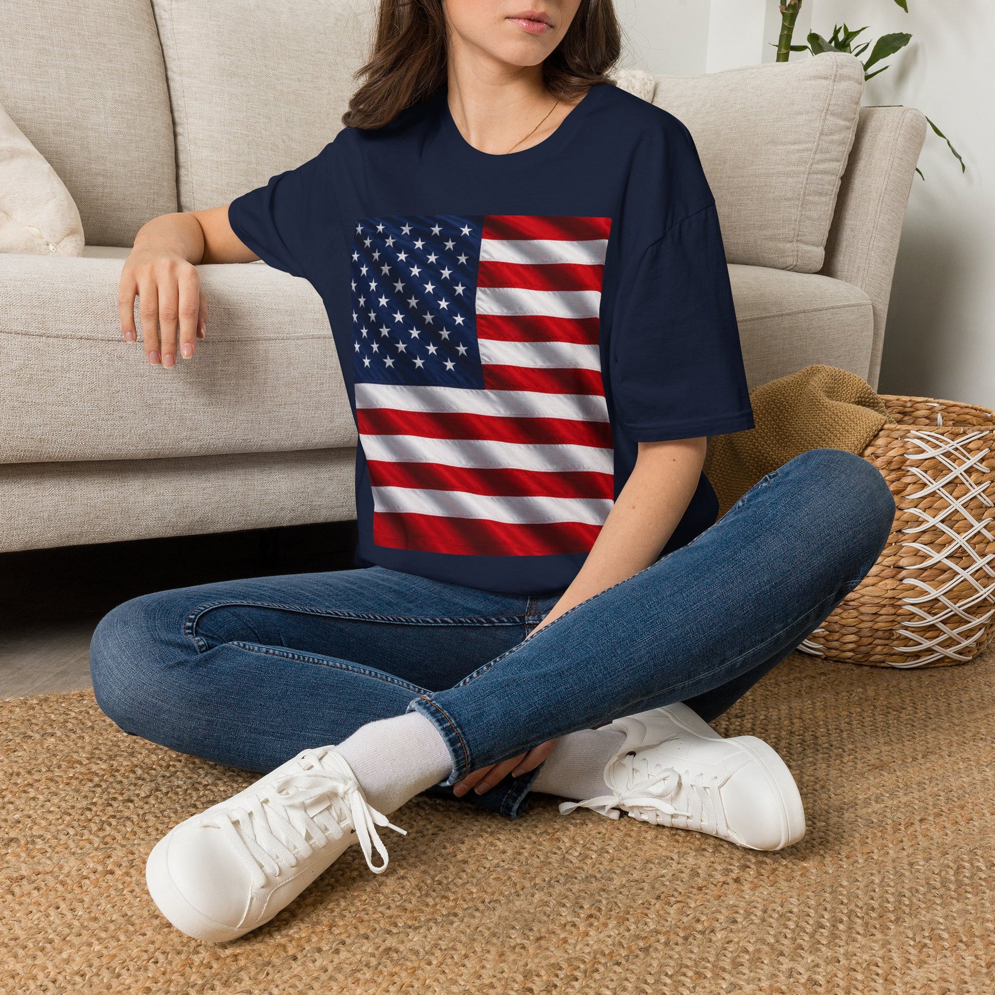 Graphic T-shirt, navy, square American flag print, worn by model sitting