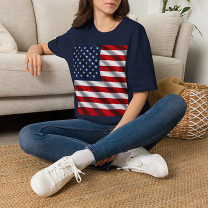 Graphic T-shirt, navy, square American flag print, worn by model sitting