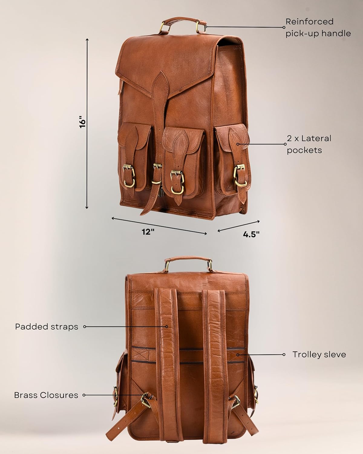Brown leather backpack with padded straps, trolley sleeve, and reinforced pick-up handle.