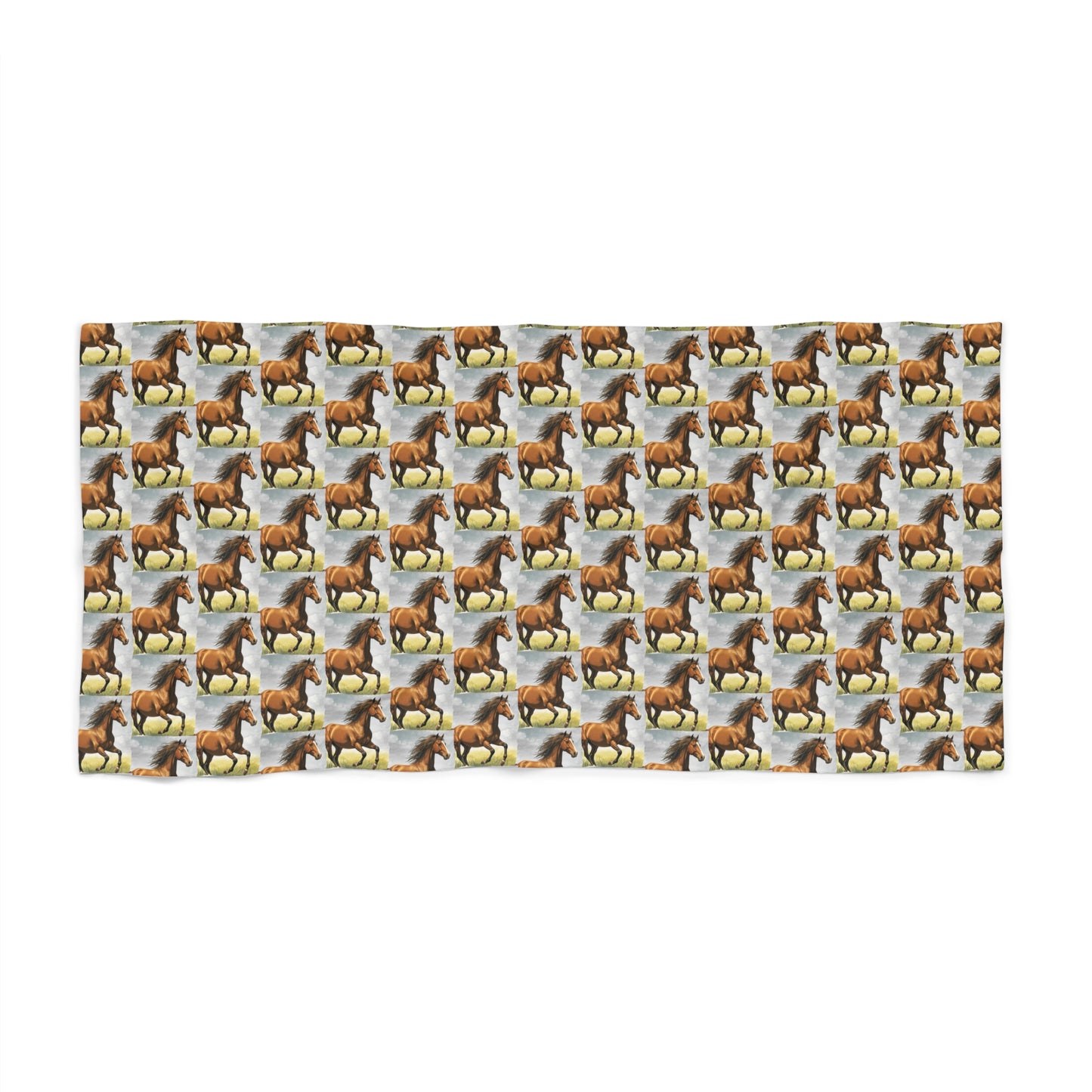 Horse-pattern beach towel with repeating brown-and-white horses on light blue
