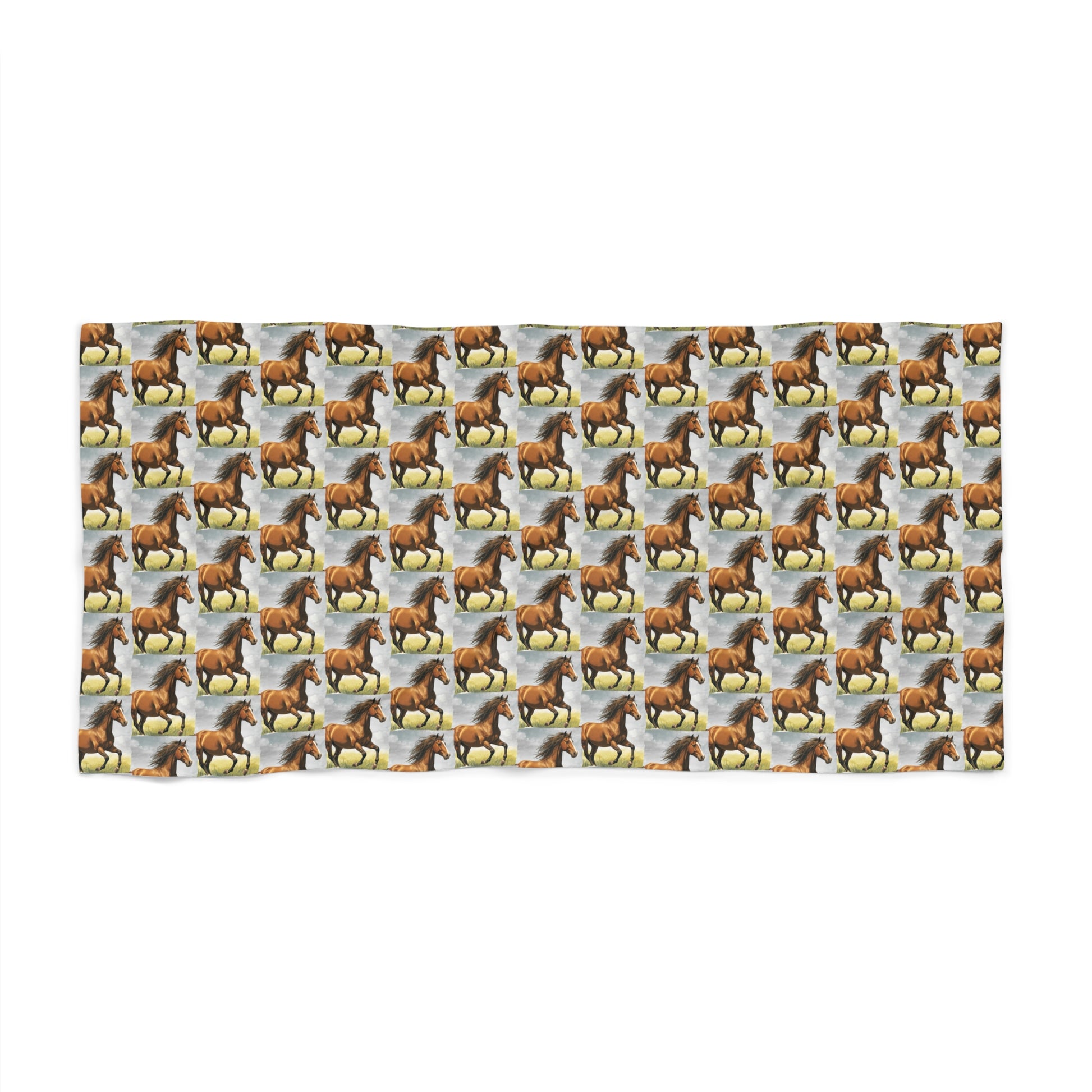 Horse-pattern beach towel with repeating brown-and-white horses on light blue