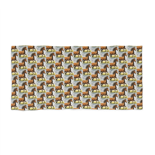 Horse-pattern beach towel with repeating brown-and-white horses on light blue