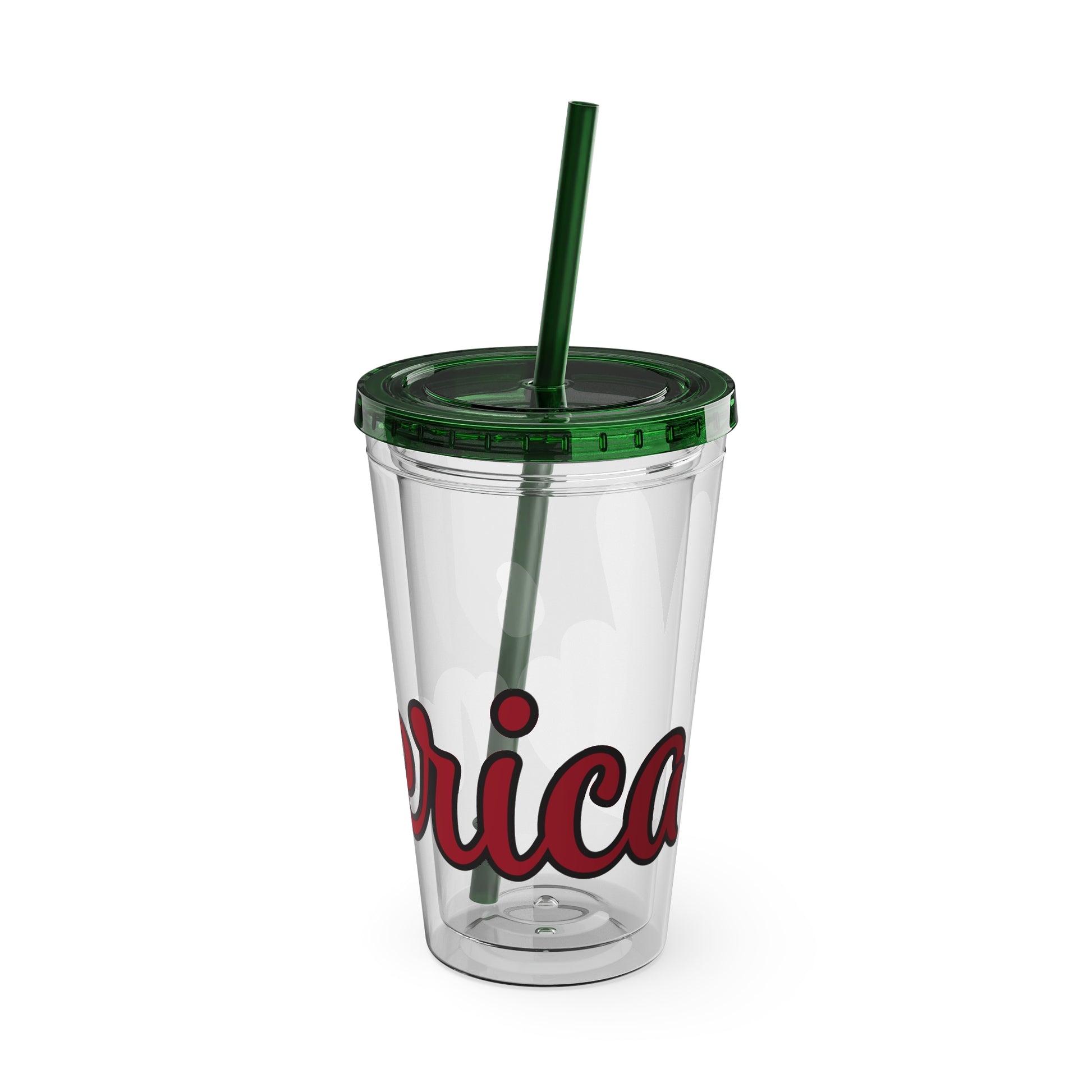 16oz clear tumbler, dark green lid and straw, red decal reading 'rica'
