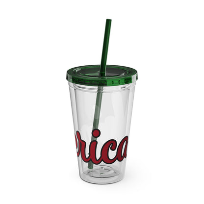 16oz clear tumbler, dark green lid and straw, red decal reading 'rica'