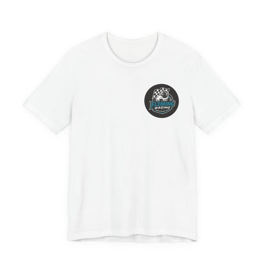White racing logo T-shirt with small circular car emblem on chest