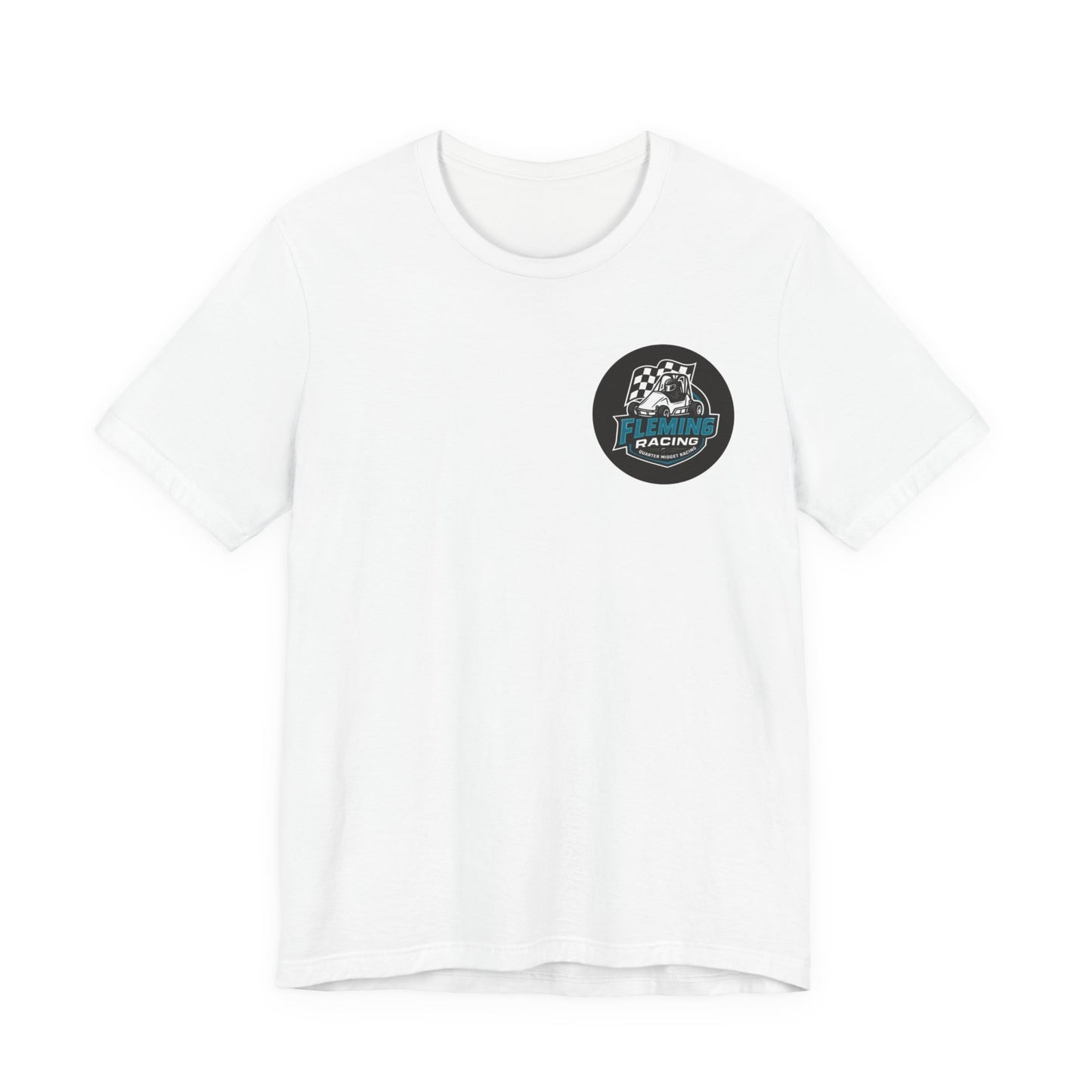 White racing logo T-shirt with round emblem on the chest