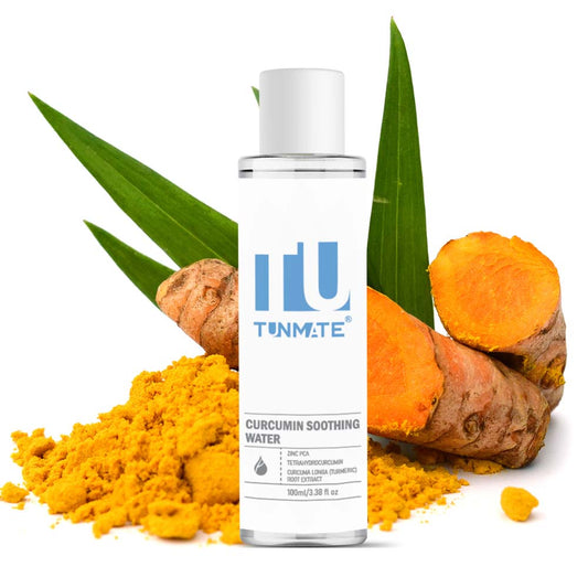 Tunmate turmeric soothing toner bottle with white cap and label, with turmeric root and powder.
