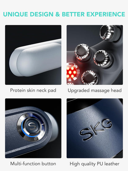 SKG neck TENS unit close-up, control buttons and round massage heads