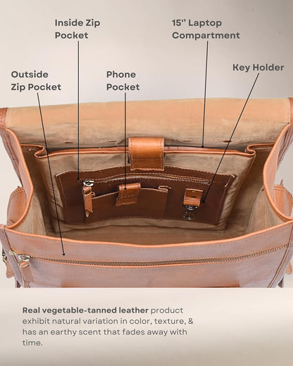 Open brown leather backpack interior with zip pocket and phone pocket.