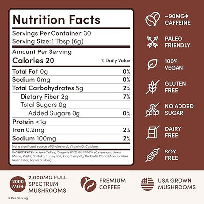 RYZE SUPERFOODS Mushroom Coffee Dark Roast, 6 Adaptogenic Mushrooms & Prebiotic Blend, Instant Coffee Supports Energy, Focus, Digestion & Immunity, Lions Mane & Turkey Tail, 30 Servings. - Renee Lane Company