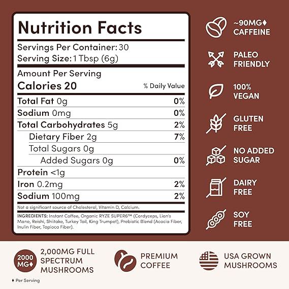 RYZE SUPERFOODS Mushroom Coffee Dark Roast, 6 Adaptogenic Mushrooms & Prebiotic Blend, Instant Coffee Supports Energy, Focus, Digestion & Immunity, Lions Mane & Turkey Tail, 30 Servings. - Renee Lane Company
