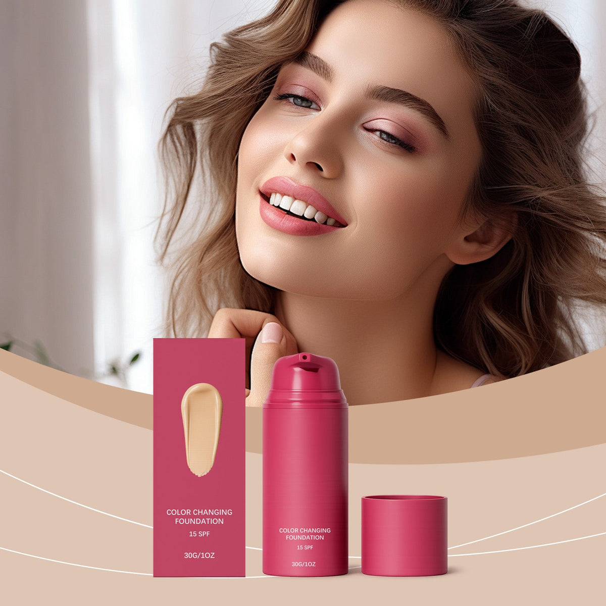 Thermo-responsive foundation natural shade, pink bottle and jar with product box, 30g