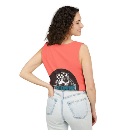 Coral racing tank top back view with black motorsports logo graphic
