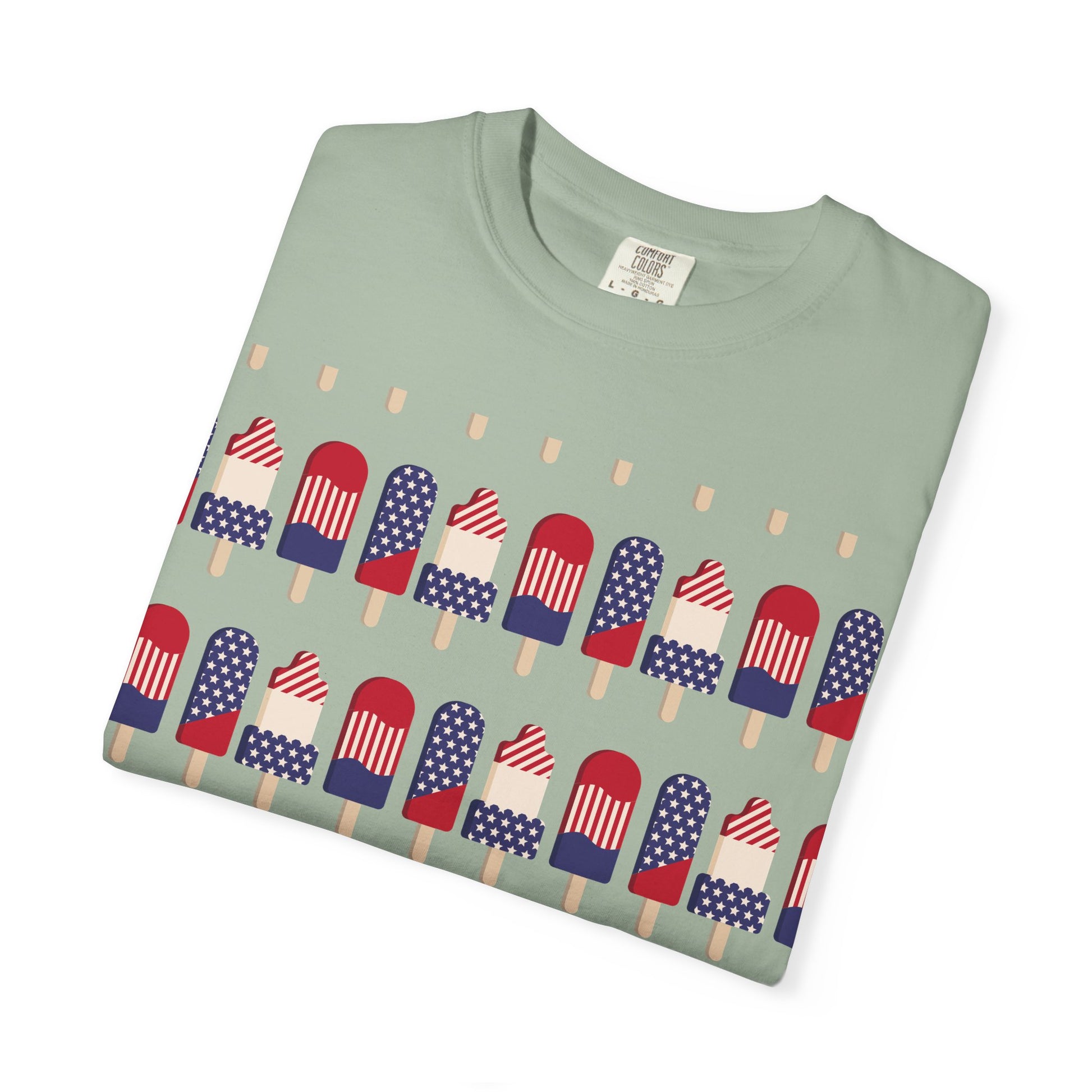 Sage green graphic T-shirt with American flag popsicle row print