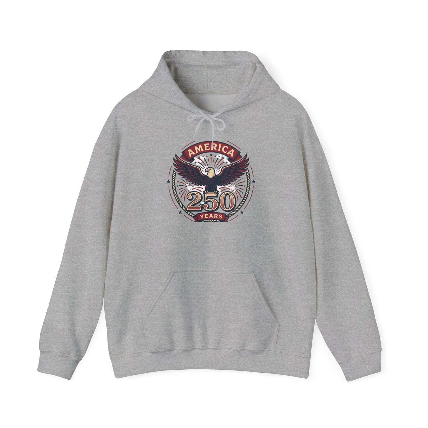 Light gray pullover hoodie with eagle and “250 Years” graphic on chest