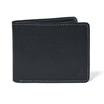 Black leather wallet front view with visible stitching and embossed logo