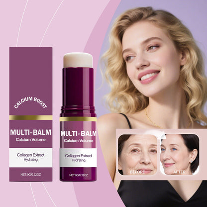Moisturizing skin balm set: purple balm container with beige top and labeled carton.