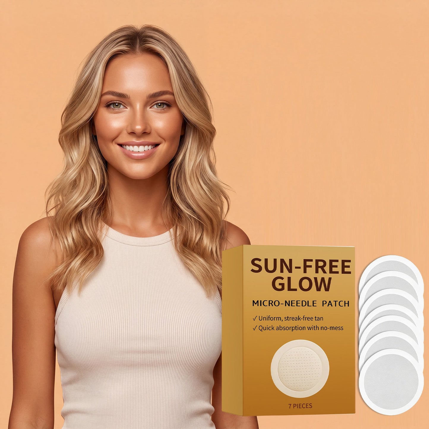 Micro-needle tanning patch set showing SUN-FREE GLOW box and curved strip with pads