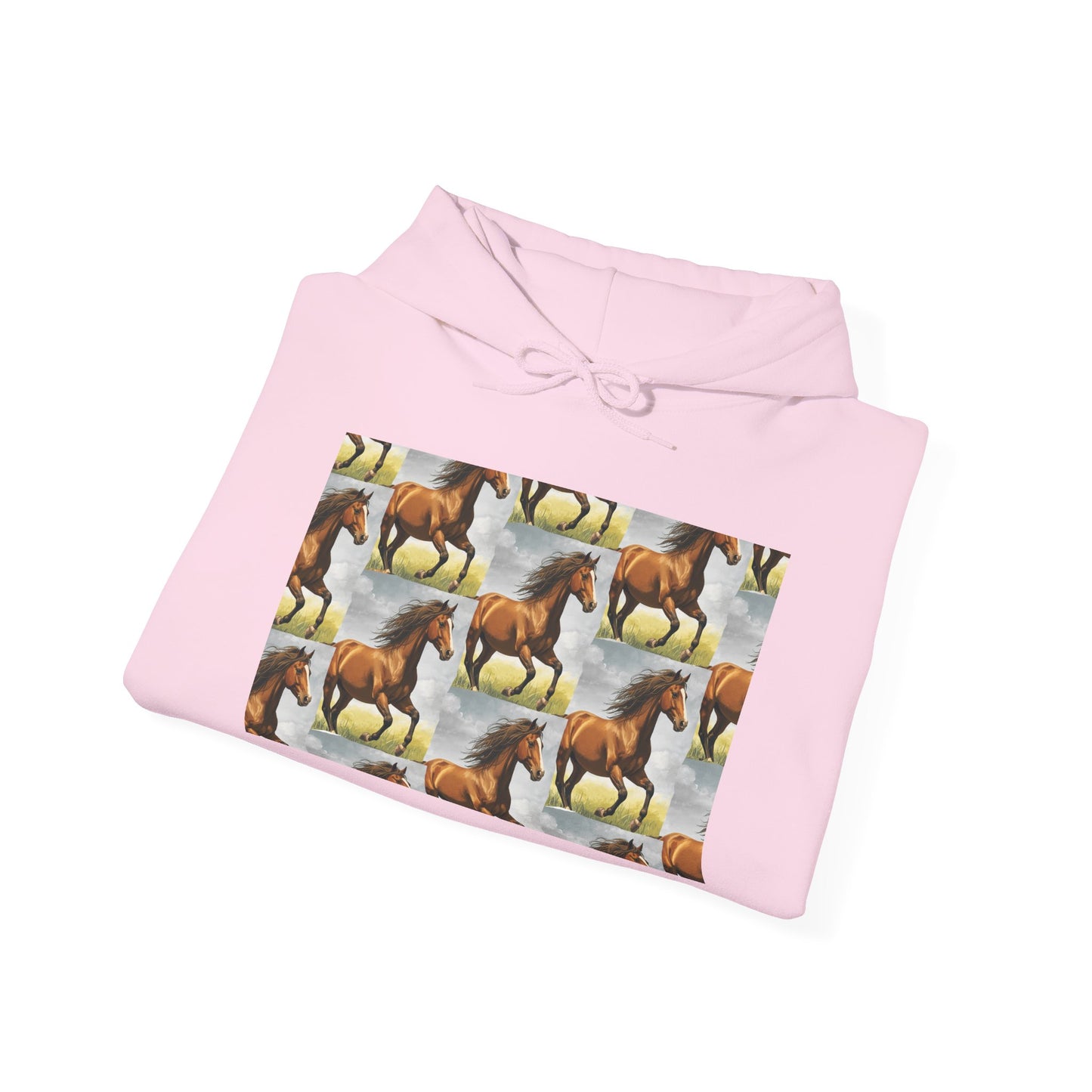 Light pink horse pattern hoodie folded flat with tie hood and horse collage graphic