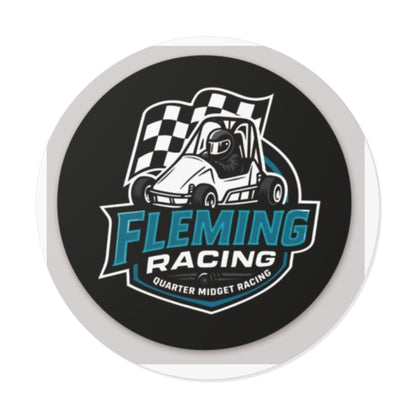 Round black Fleming Racing vinyl sticker with quarter midget car logo and gray rim