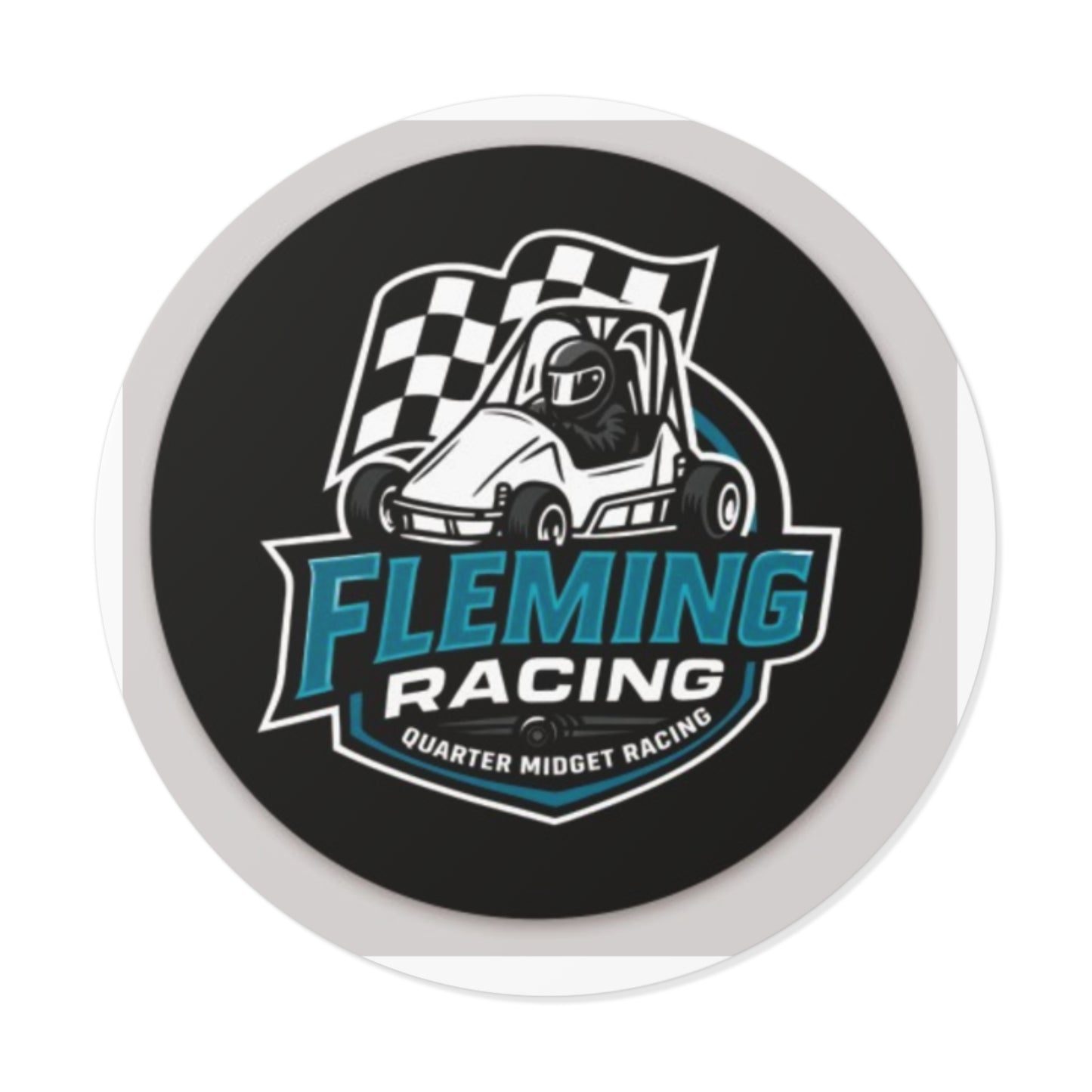 Round black vinyl racing logo sticker with blue and white Fleming Racing text