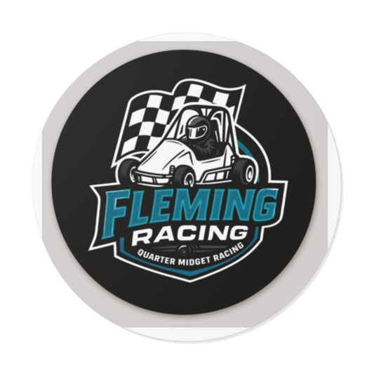 Round black vinyl racing logo sticker with blue and white Fleming Racing text