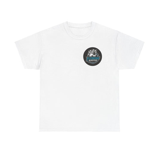 White Fleming Racing logo T-shirt with small circular chest graphic