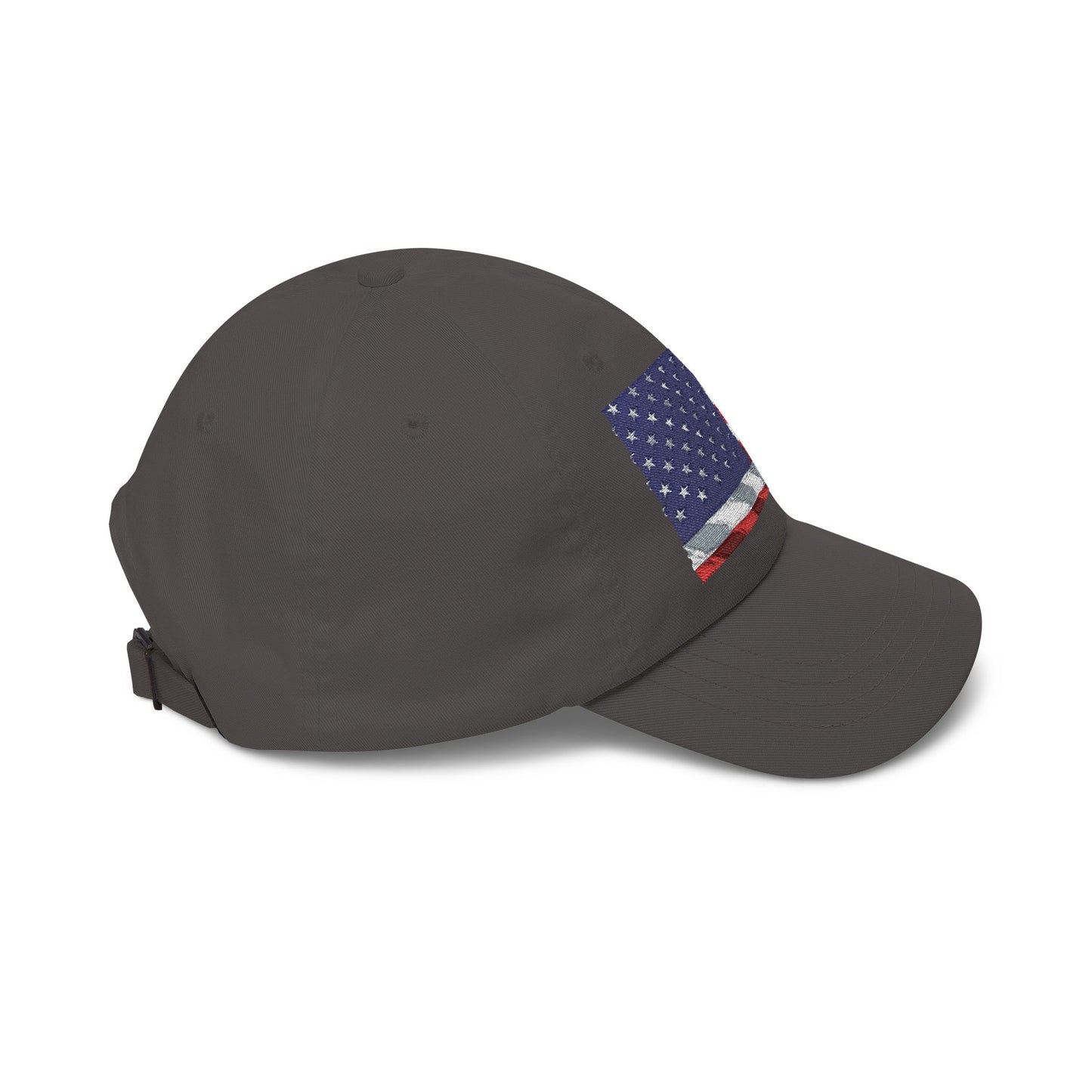 Dark grey dad cap with distressed American flag patch with blue stars, curved brim