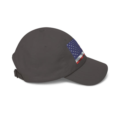 Dark grey dad cap with distressed American flag patch with blue stars, curved brim