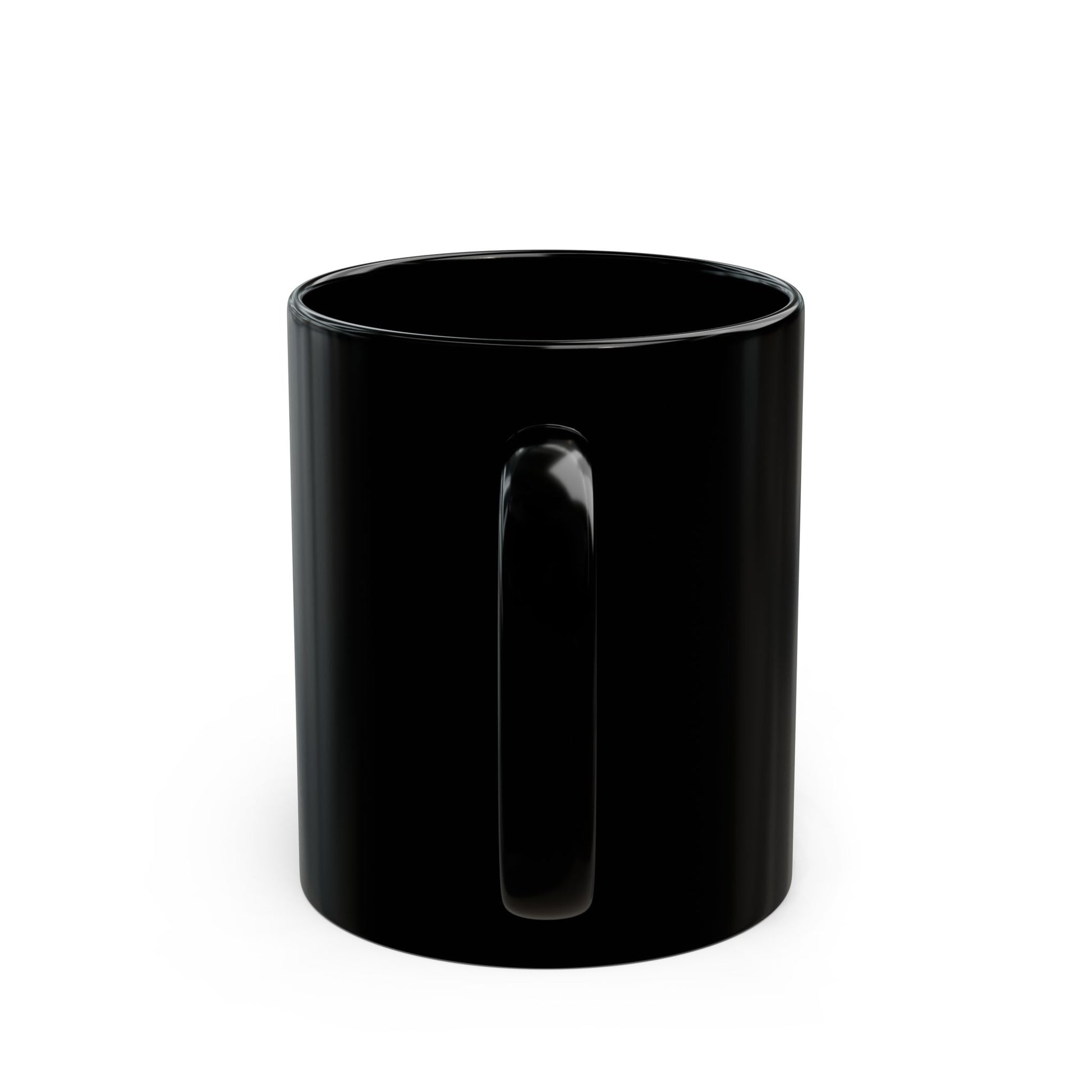 Black ceramic mug with smooth glossy front and no visible print