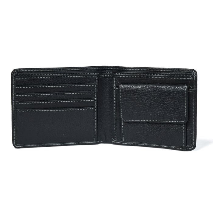 Black leather bifold wallet interior with card compartments and center divider