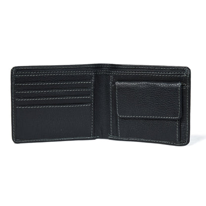 Black leather bifold wallet interior with card compartments and center divider