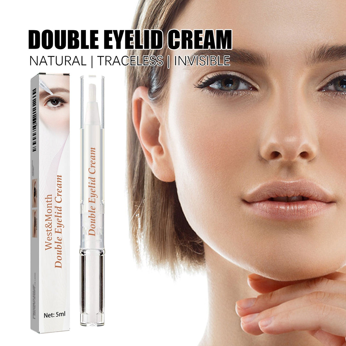 Eyelid shaping cream tube and box next to woman’s face, with hand-held applicator