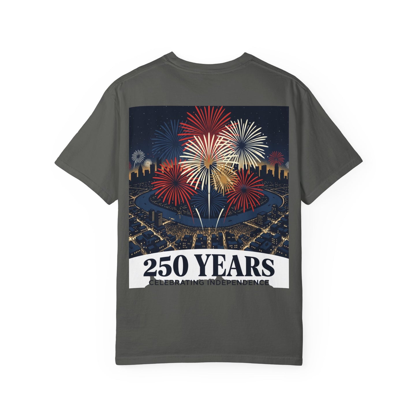 Dark gray T-shirt with fireworks graphic and “250 Years Celebrating Independence” text