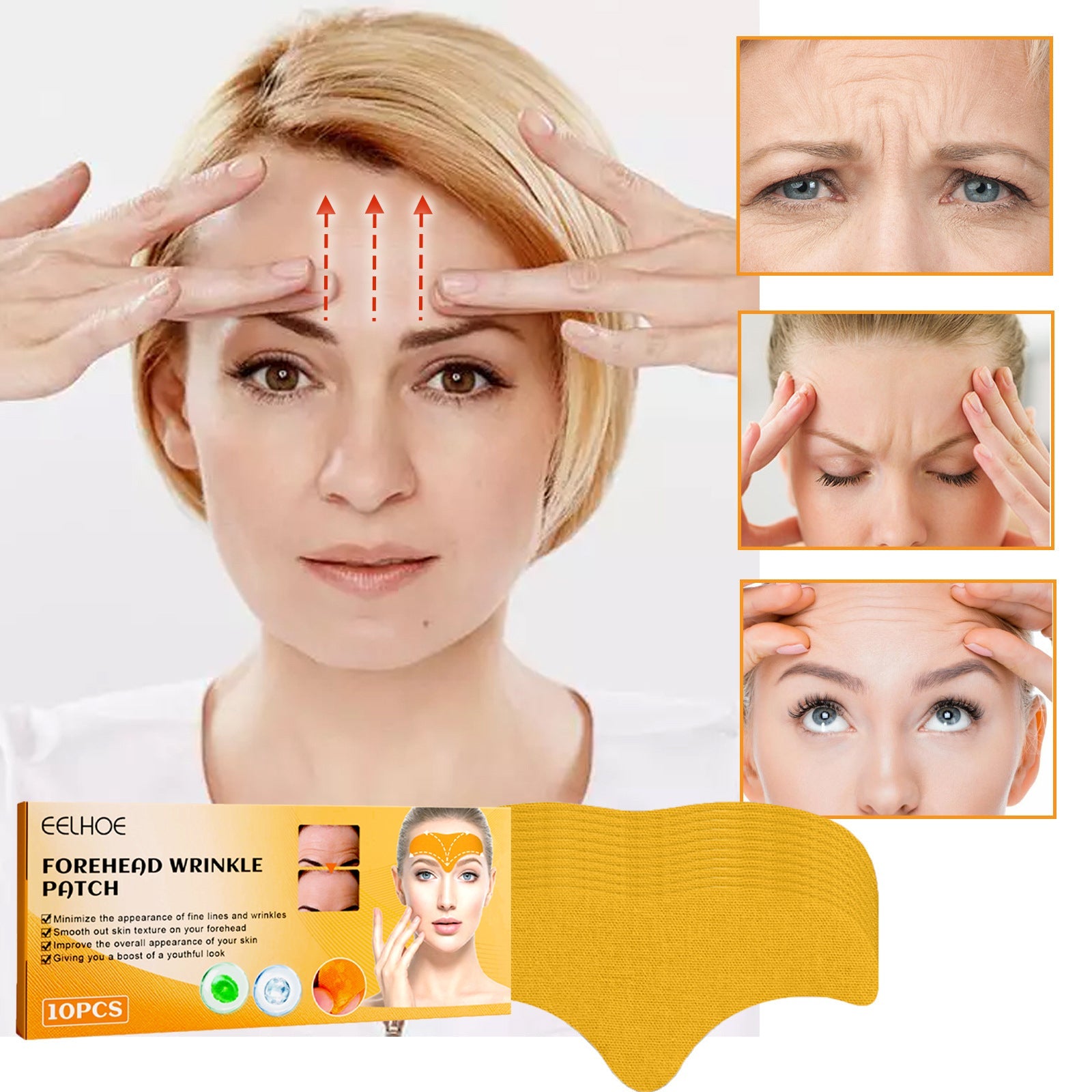 Yellow-orange forehead sticker patch on forehead with red placement arrows.