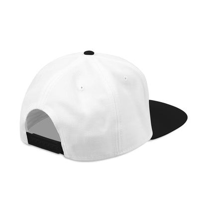 White baseball cap with black underbrim and adjustable snap band, side view